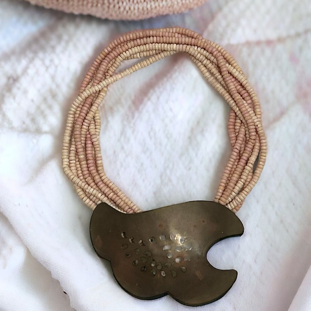 Vintage Artisan Coral Shell/Aged Brass Centerpiece‎ Necklace -- OS